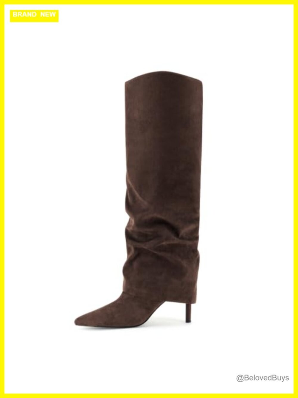 Fold Over Knee High Boots Pointed Toe Stiletto Heel Faux Leather Slouch
